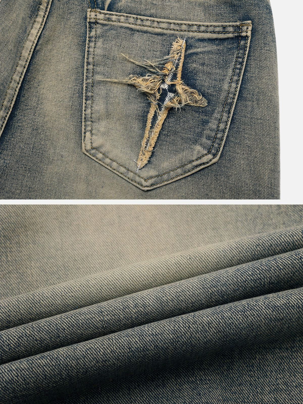Star Embroidered Washed Straight Jeans