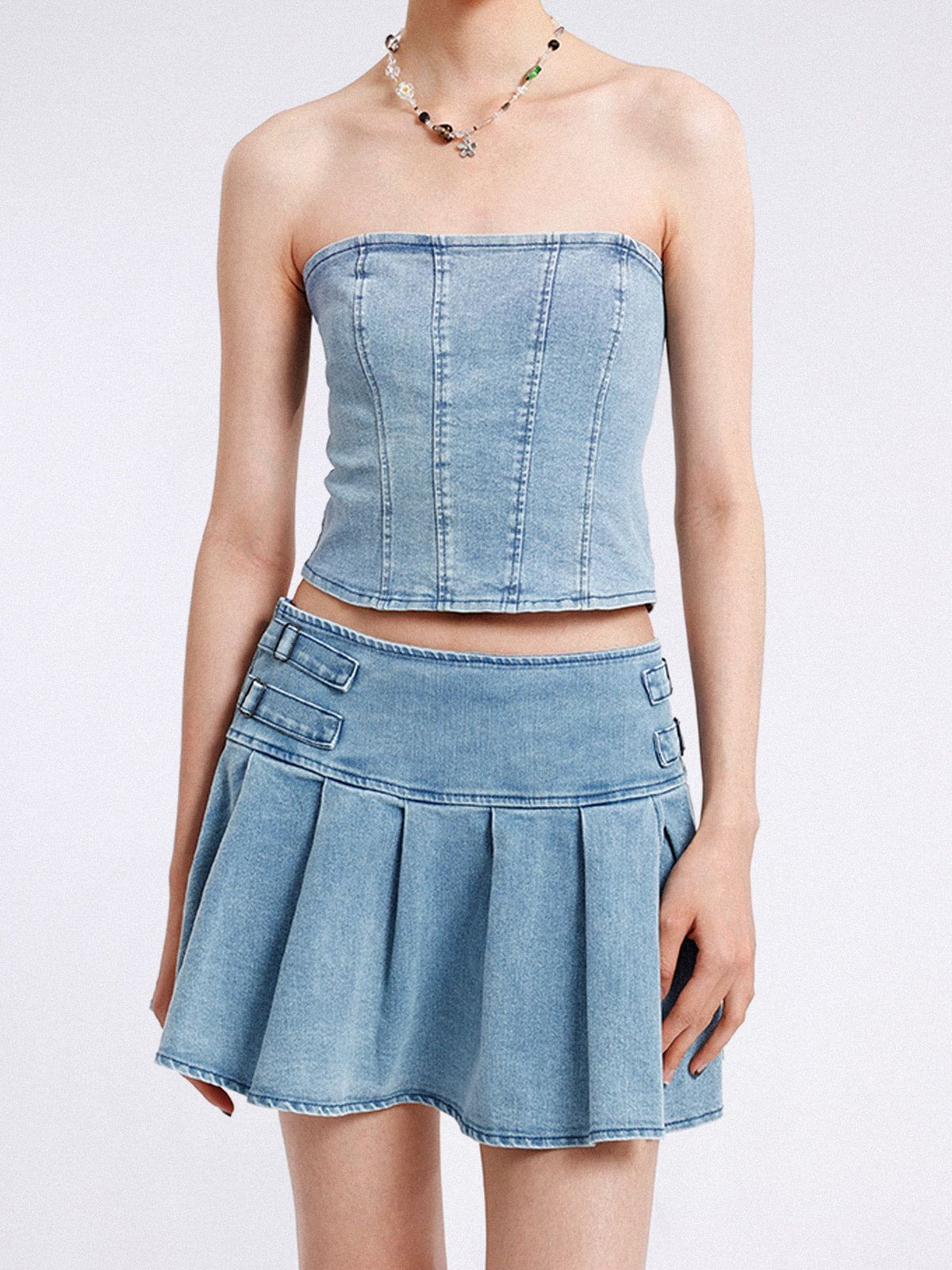 Slit Wrinkle Denim Skirt Set