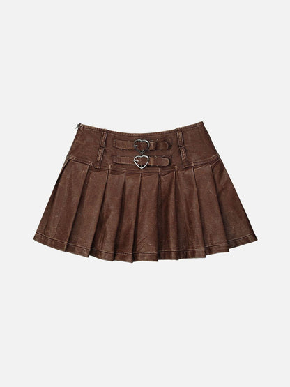 Heart Belt Faux Leather Pleated Skirt