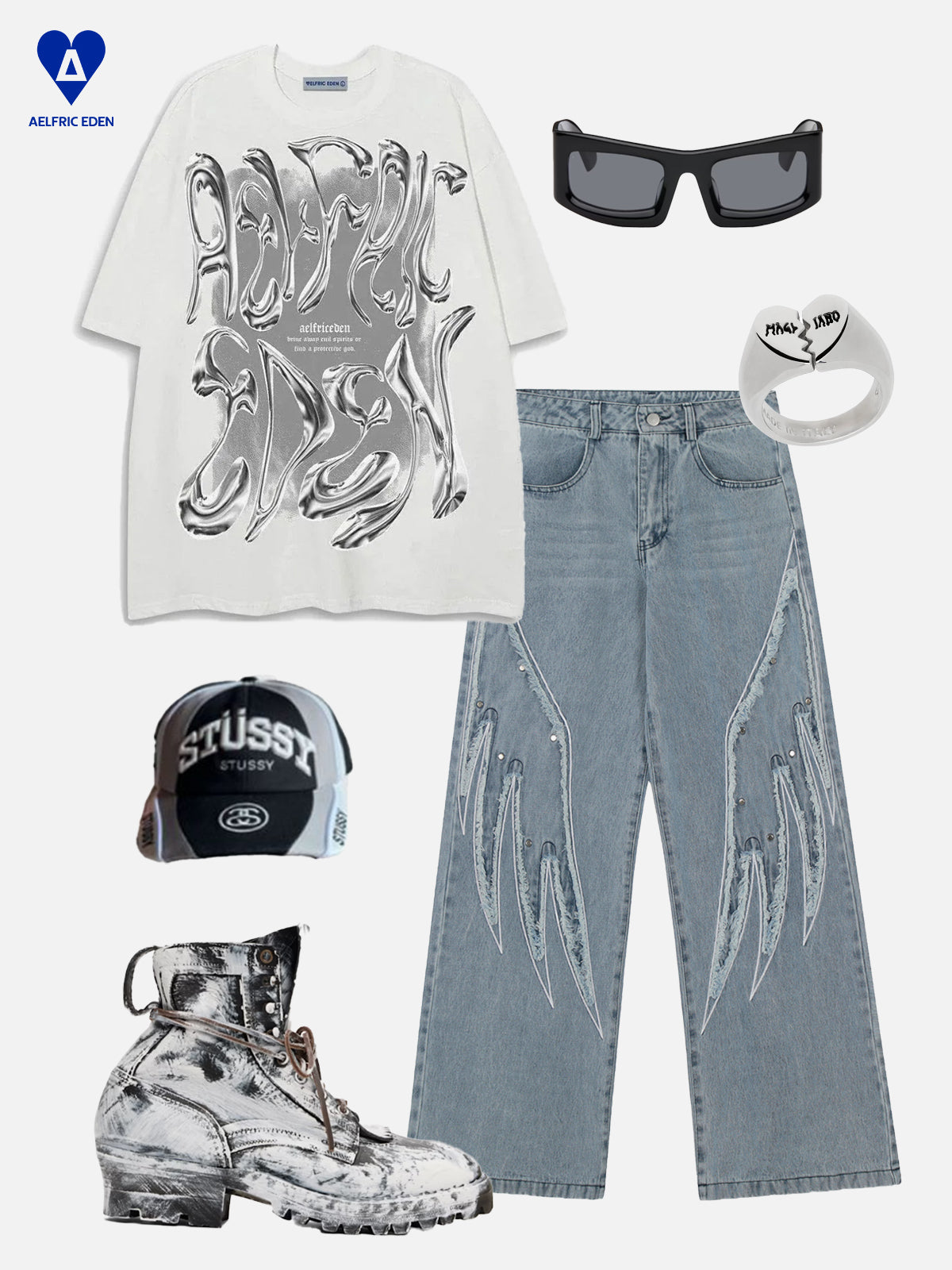 Rivet Wing Loose Jeans