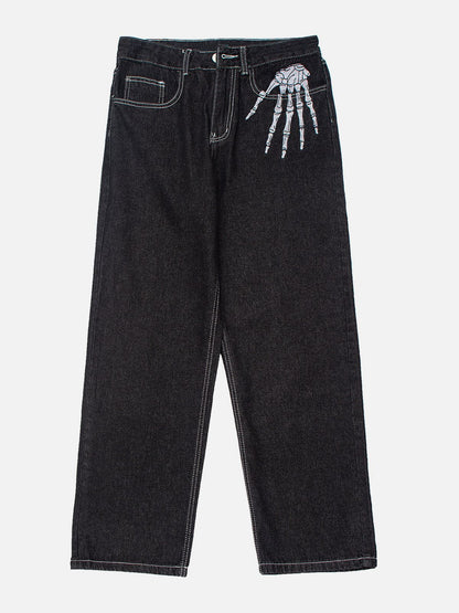 Skull Bone Embroidery Loose Jeans