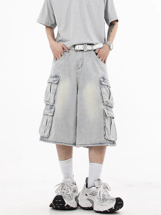 Thesupermade Retro Washed Multi-pocket Work Denim Jorts