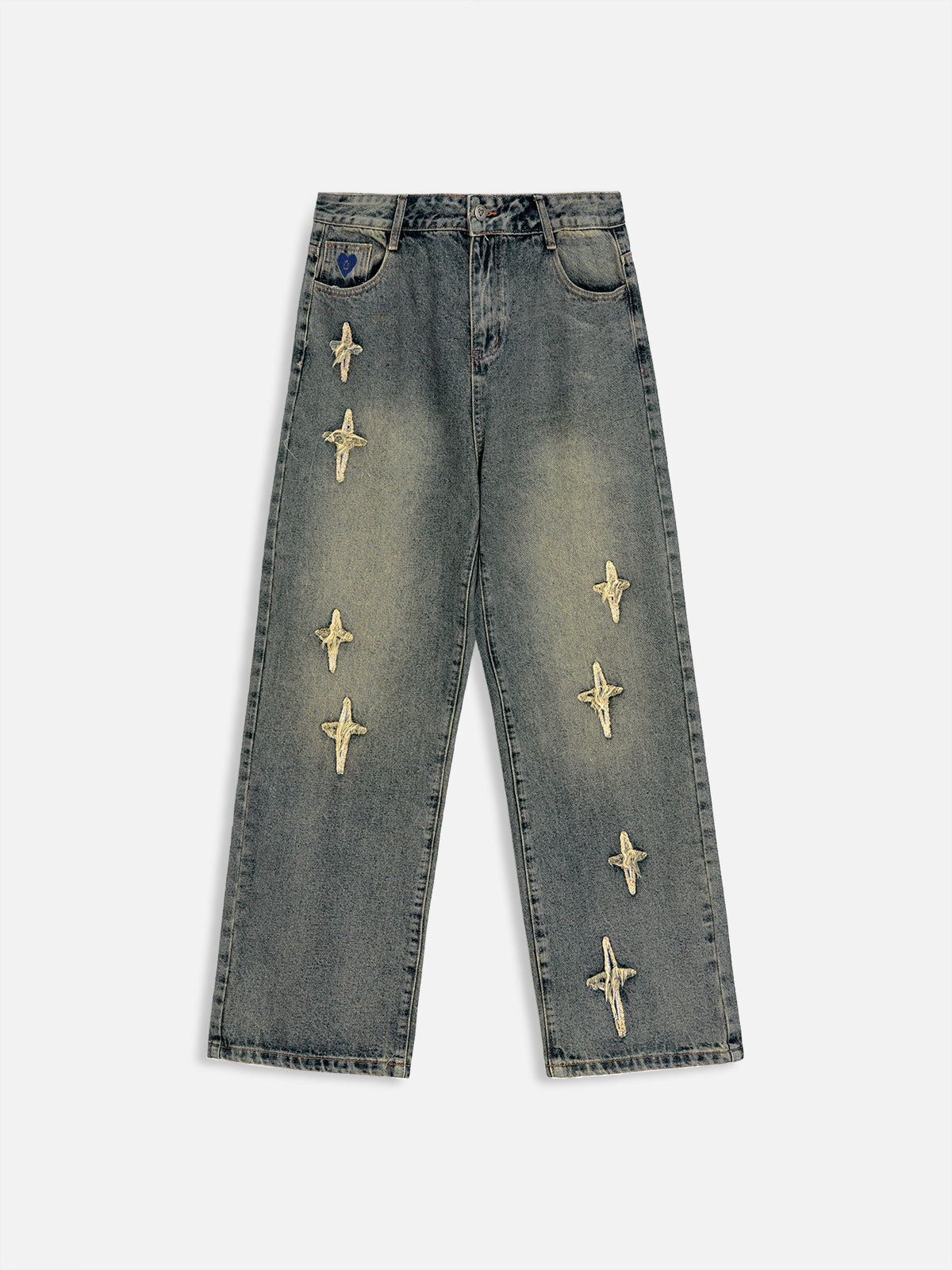 Star Embroidered Washed Straight Jeans