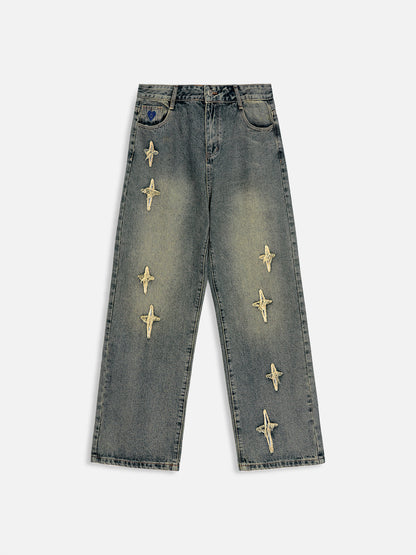 Star Embroidered Washed Straight Jeans