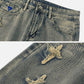 Star Embroidered Washed Straight Jeans