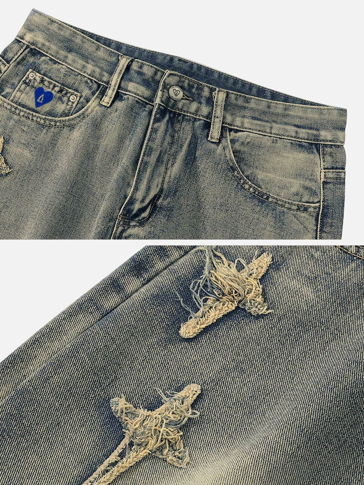 Star Embroidered Washed Straight Jeans