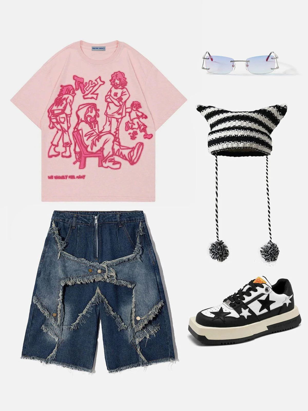 Cartoon Line Character Print Tee