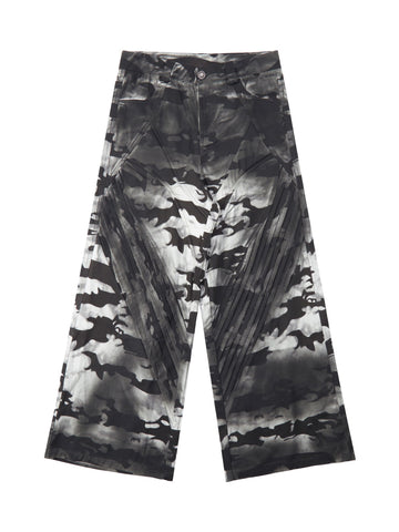 Thesupermade Dirty Dye Old Baggy Loose Wide Leg Black And White Snow Camouflage Pants - 2109