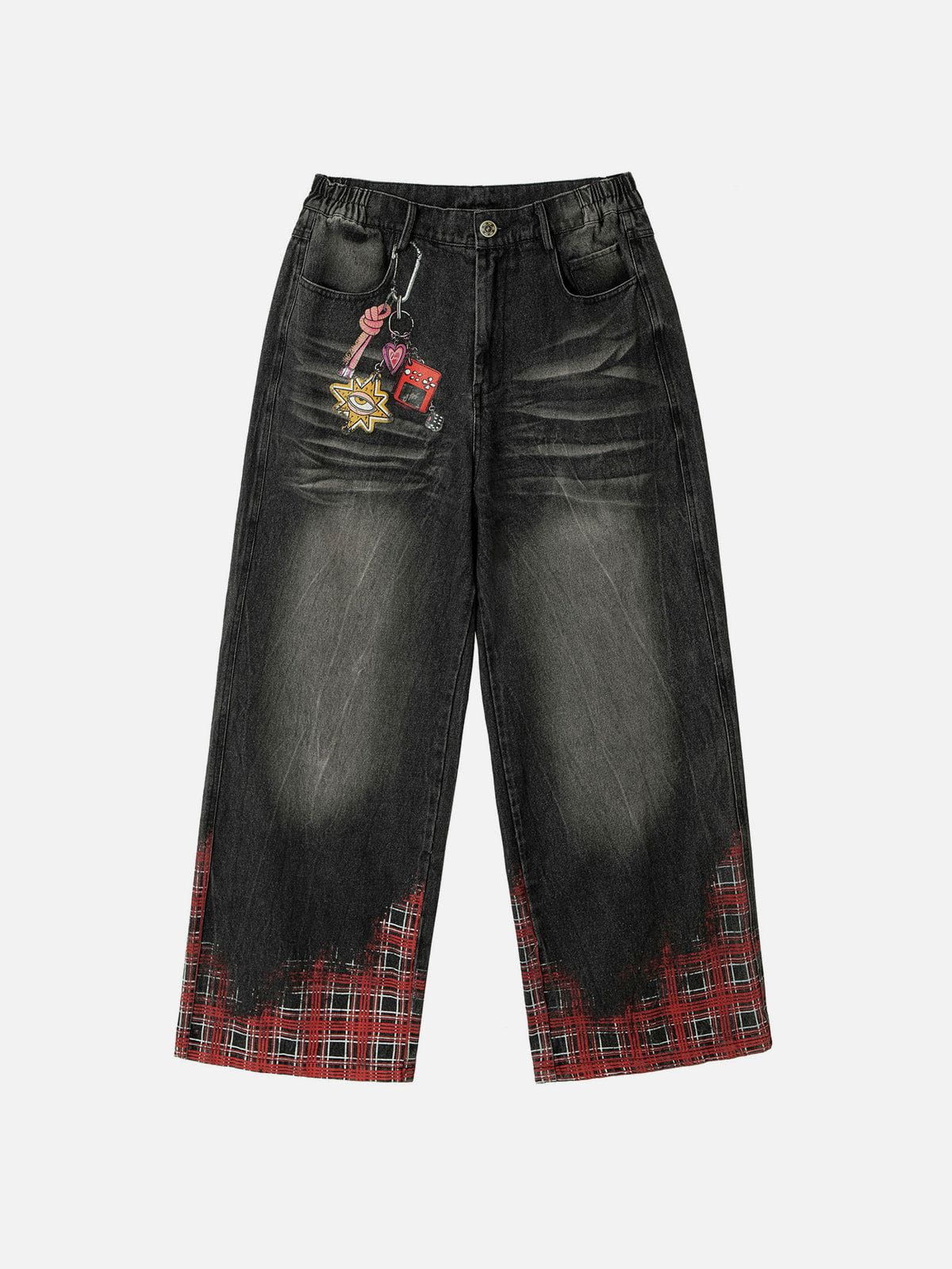 Plaid Washed Print Loose Jeans