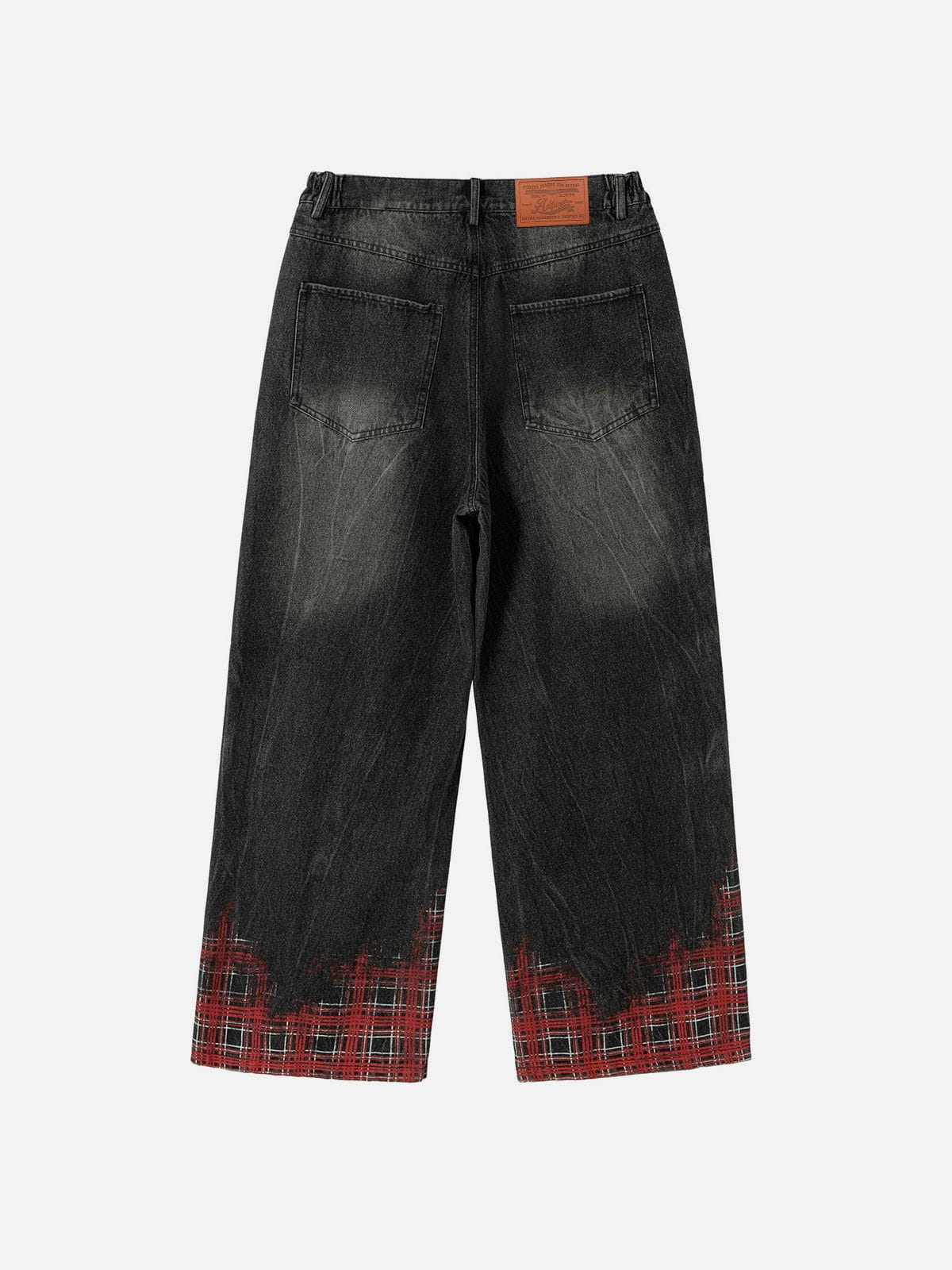 Plaid Washed Print Loose Jeans