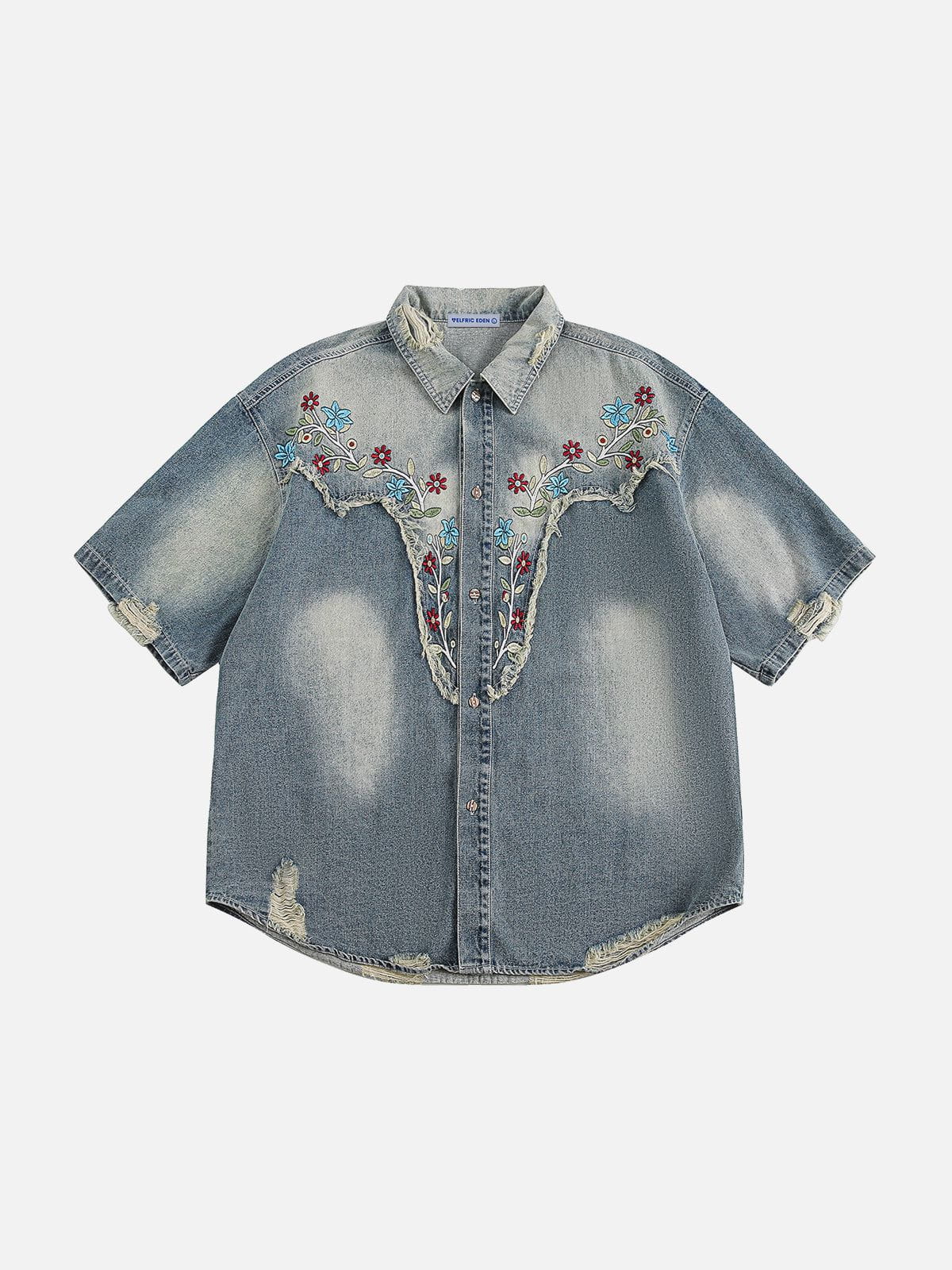 Flower Embroidery Denim Short Sleeve Shirt