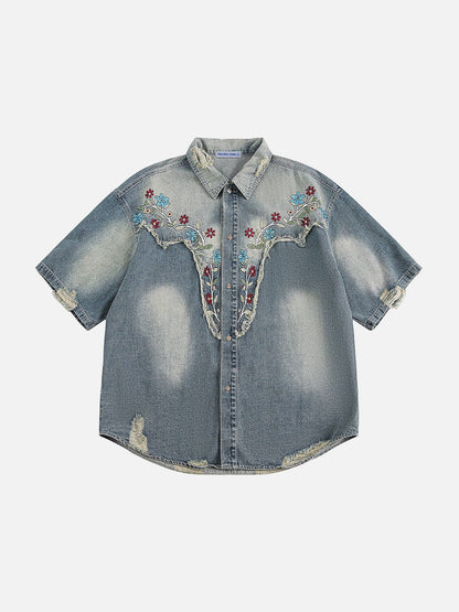 Flower Embroidery Denim Short Sleeve Shirt