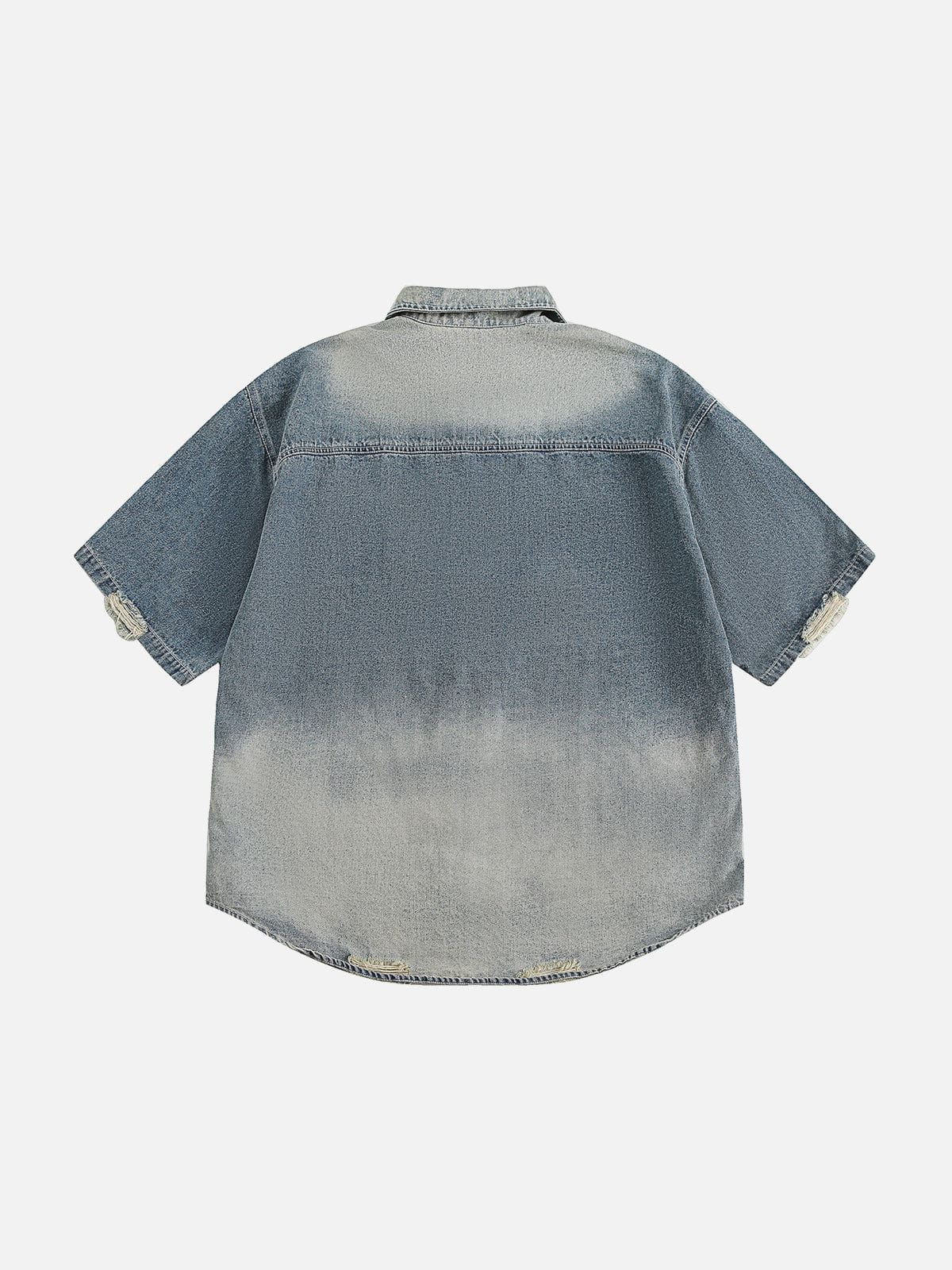Flower Embroidery Denim Short Sleeve Shirt
