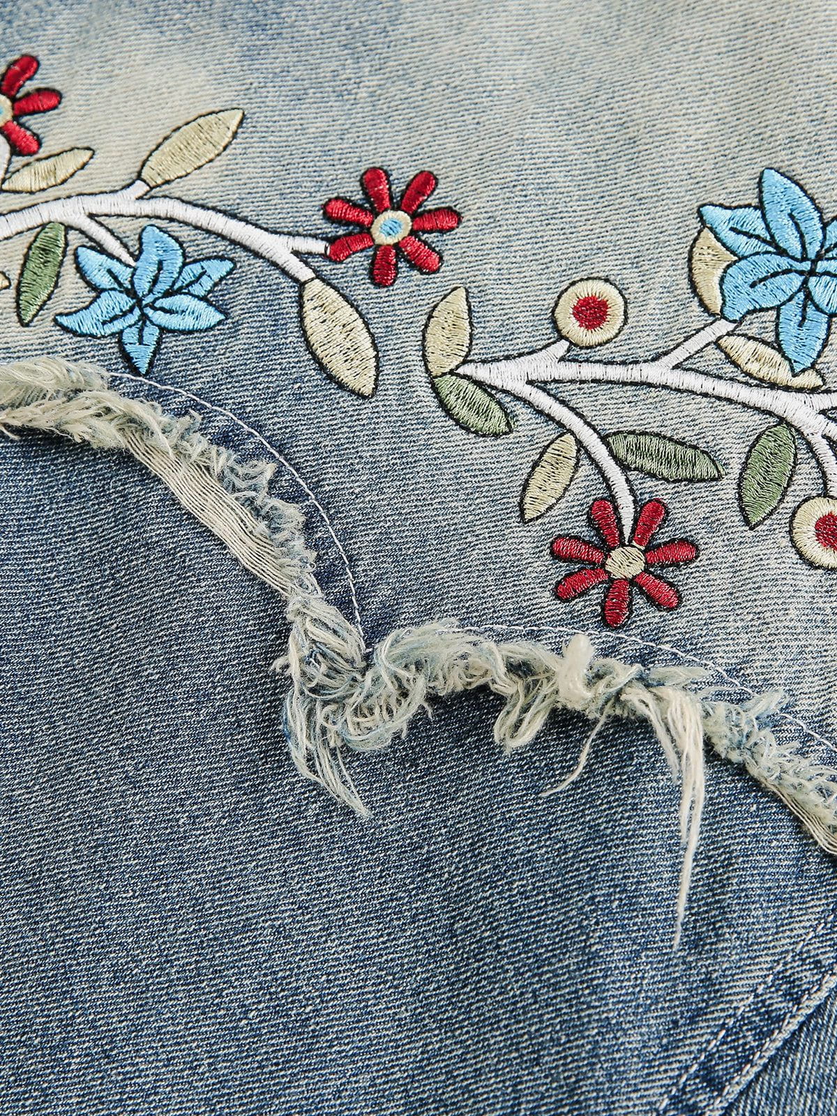 Flower Embroidery Denim Short Sleeve Shirt