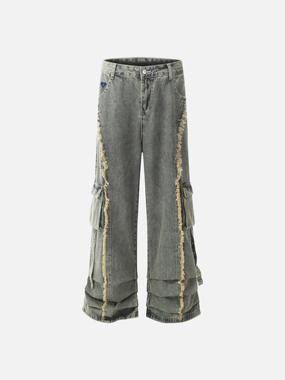 Fringe Wrinkle Baggy Jeans