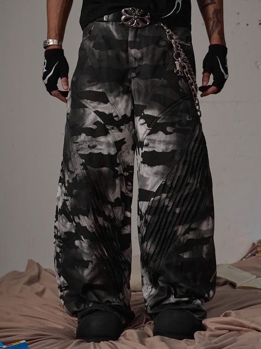 Thesupermade Dirty Dye Old Baggy Loose Geniş Paça Siyah Beyaz Kar Kamuflaj Pantolon - 2109 