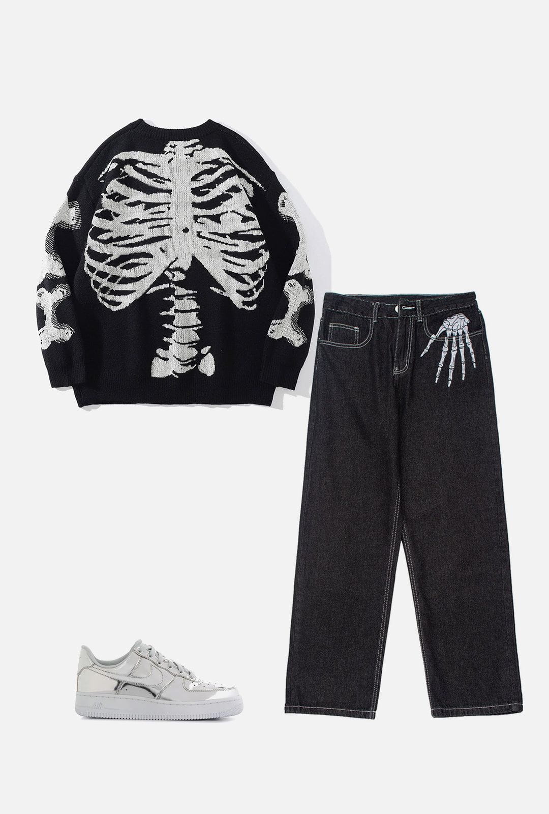 Skull Bone Embroidery Loose Jeans