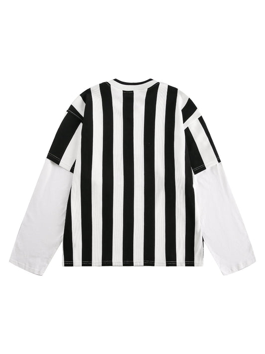 Thesupermade American Striped Patchwork Printed Long-sleeved T-shirt