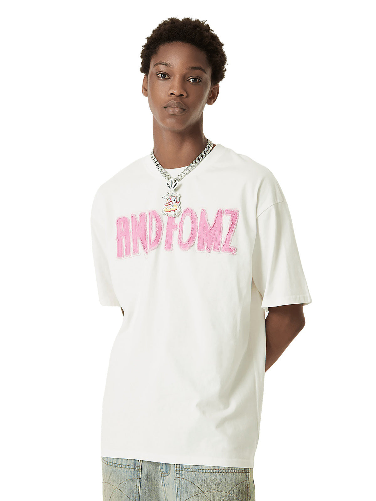 Thesupermade Pink Letter Applique Street Rap T-shirt - 2145