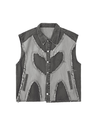 Thesupermade Contrast Denim Heart Stitching Street Rap Vest - 2062