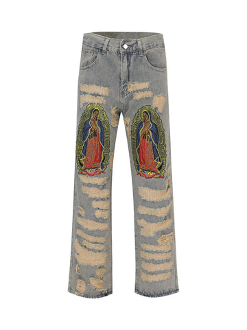 American Street Style Ripped Embroidered Jeans - 1617