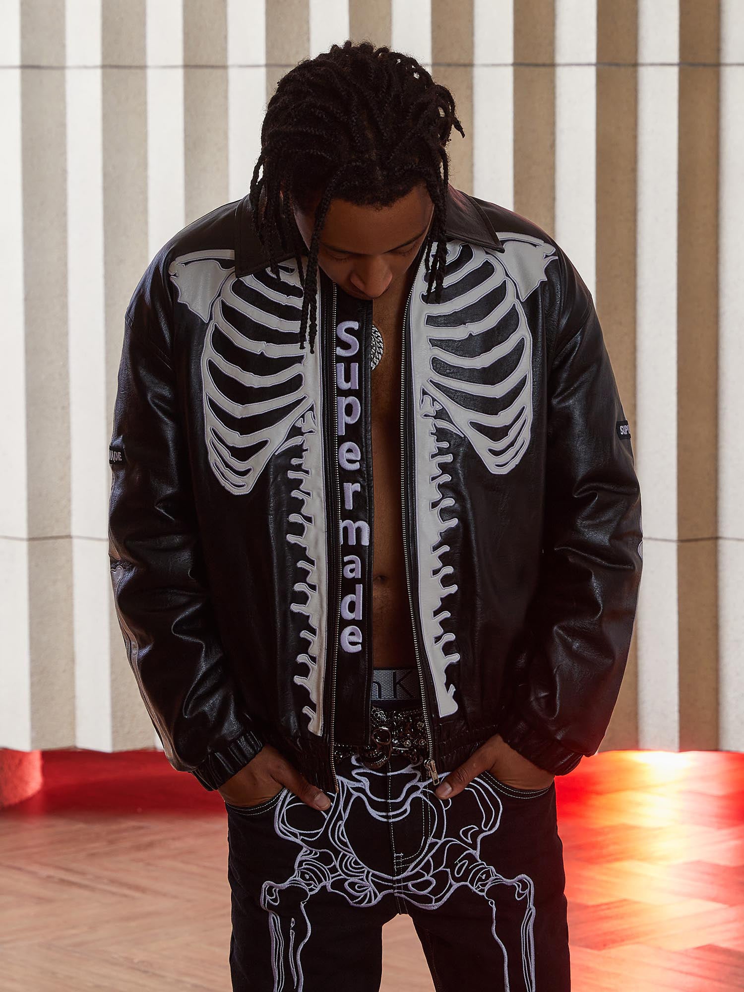 Hip Hop Bones Embroidered Leather Jacket - 1833