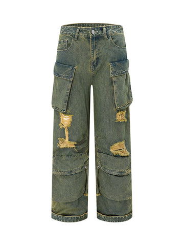 Wasteland Style Washed Distressed Work Cargo Jeans