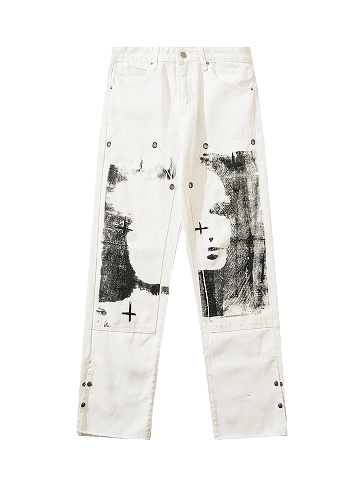 Graffiti Print White Straight Jeans -1184