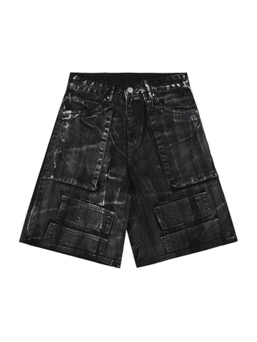 Thesupermade Denim Washed Heavy White Brush Marks Hip-Hop Shorts