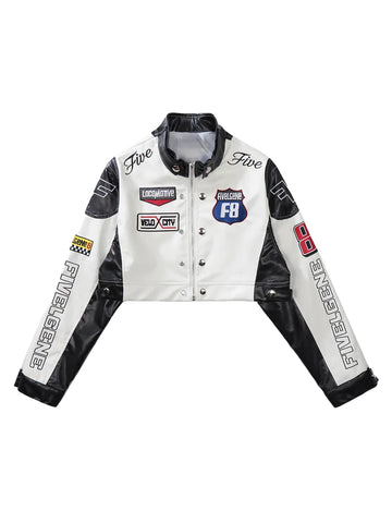 Badge Short PU Leather Racing Jacket - 1631