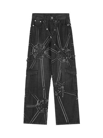 High Street Hip-Hop Spider Web Denim Pants-1512