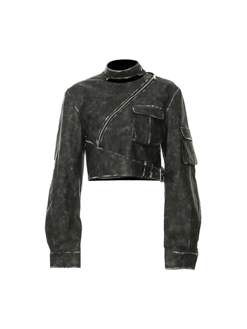 Personalized Irregular Cut Polished Leather Jacket - 2008