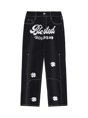 Letter Lucky Clover Embroidered Baggy Jeans - 1162