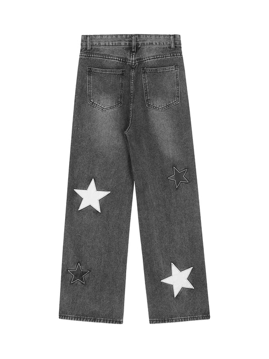 Thesupermade American Vintage Five-pointed Star Patch Embroidered Jeans Loose Straight-legged Pants -1439
