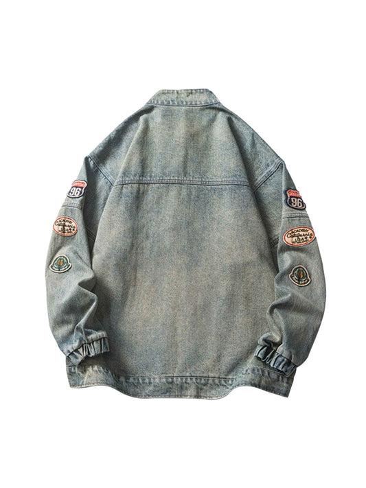 Hip-hop Badge Embroidered Do-over Denim Jacket - 1911