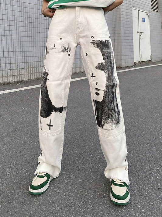 Graffiti Print White Straight Jeans -1184