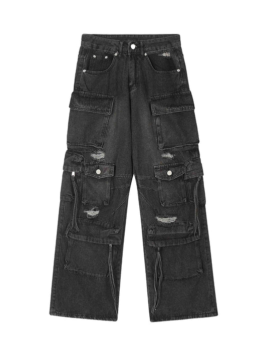 Washed Multi-pocket Work Cargo Jeans - 1830