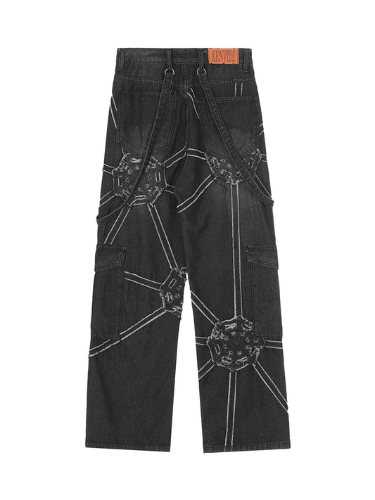 High Street Hip-Hop Spider Web Denim Pants-1512