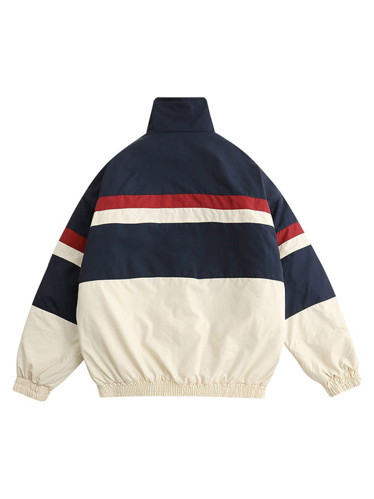 Retro Letter Embroidery Color-Blocked Cotton Jacket - 1557