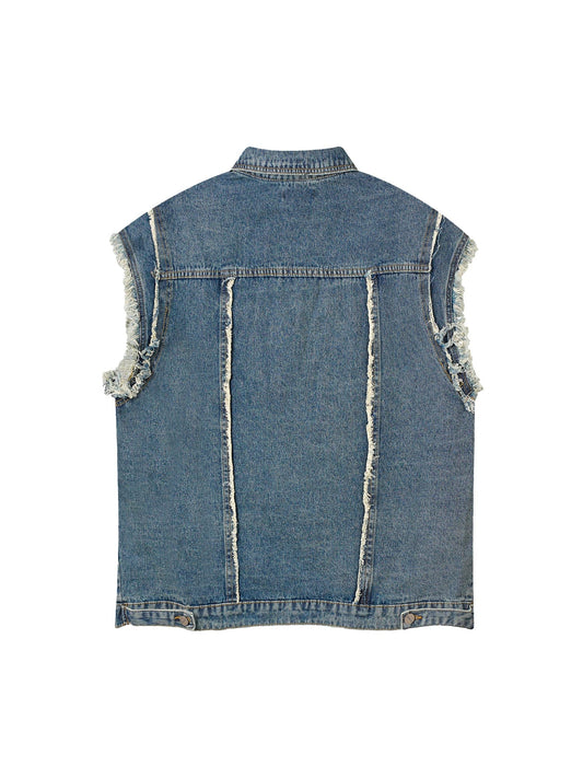 Thesupermade High Street Trendy Washed Raw Edge Denim Vest