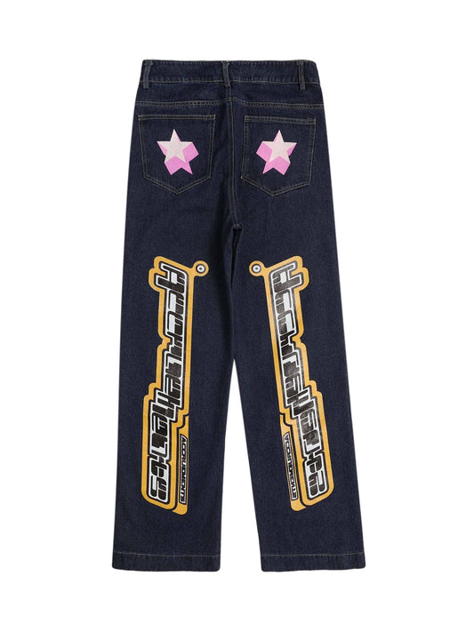 Star Letter Print Jeans - 1594