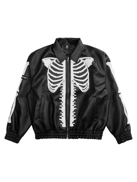 Hip Hop Bones Embroidered Leather Jacket - 1833