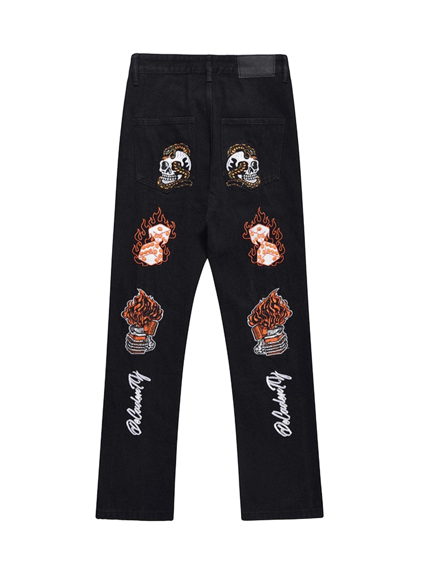 Skull Flame Monogram Embroidered Slim Fit Jeans