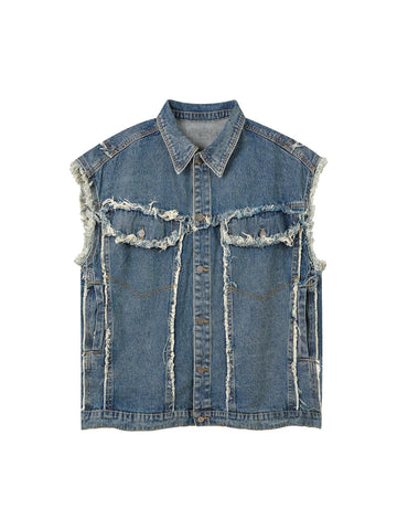 Thesupermade High Street Trendy Washed Raw Edge Denim Vest