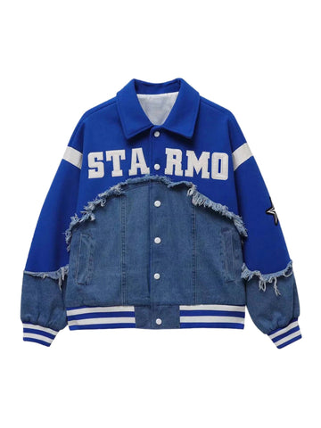 High Street Denim Fabric Splicing Baseball Jacket -1445