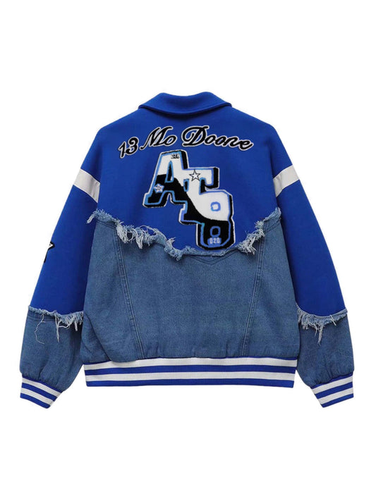 High Street Denim Fabric Splicing Baseball Jacket -1445