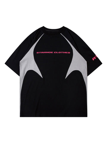 Contrasting Color Retro Split Draping Deconstructed Stitching Dark Racing Style T-shirt