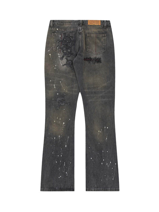 Leather Skull Splash Ink Micro-flared Jeans