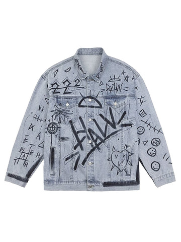 Retro Hand-painted Washed Graffiti Denim Jacket