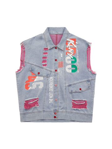 Thesupermade Street Hip-hop Ripped Graffiti Printed Denim Vest